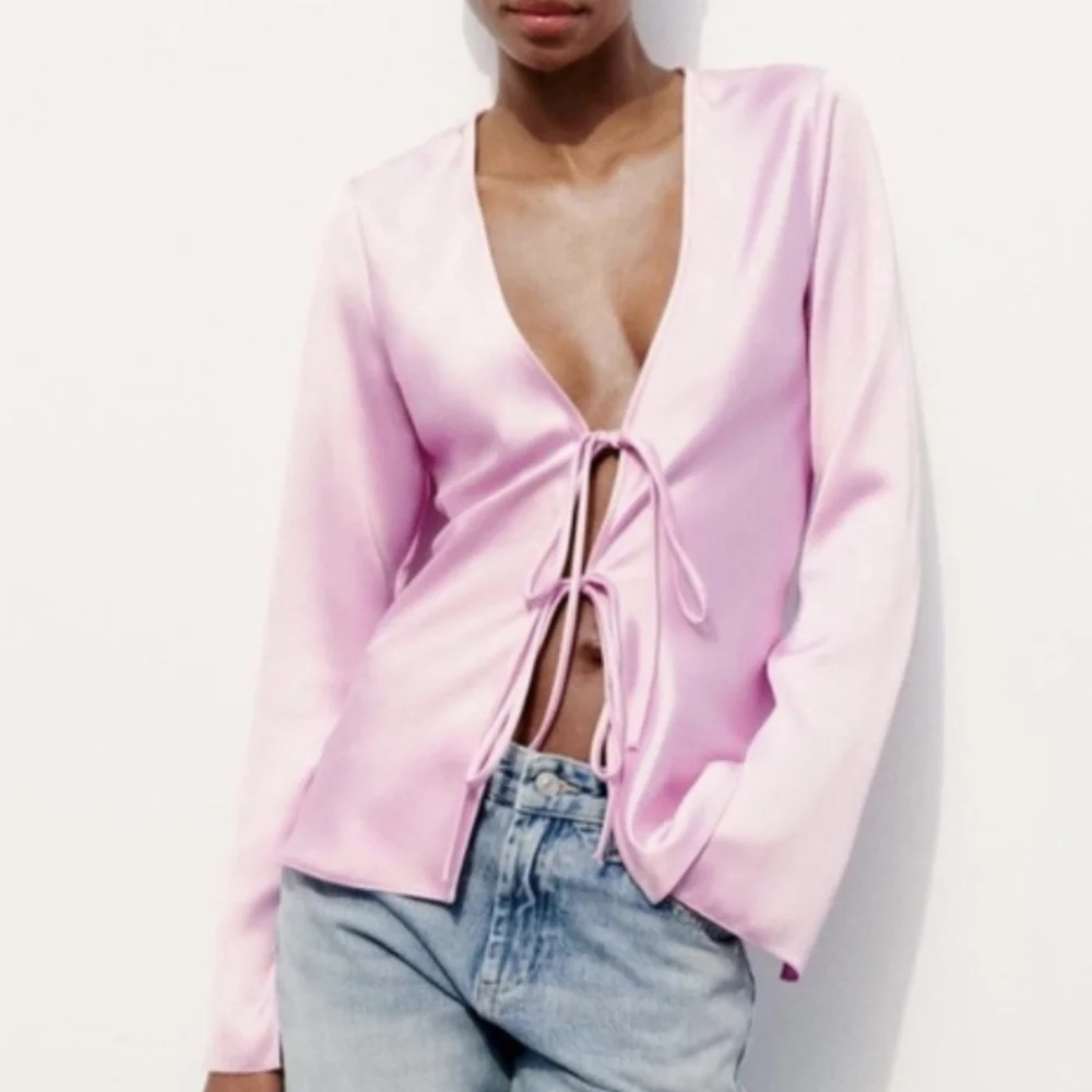 Zara Pink Satin Tie-Front Top Size XXL